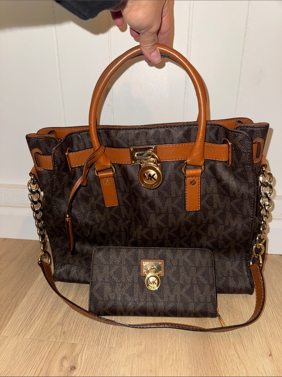 Michael Kors Handbags - Michael Kors Dark Brown Monogram Tote with Tan Trim and matching wallet